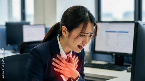 Chest Pain at Work: A businesswoman in an office setting clutches her chest in distress, her face contorted in pain, highlighting workplace stress and health concerns.