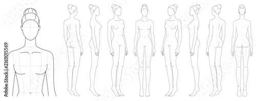 Set of female fashion body figures including bust close-up plus front, back, side three-quarter rotation with dotted guides. Suited for technical apparel layout, measurement study or design reference