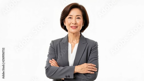 Successful Asian Businesswoman: A confident and elegant Asian businesswoman in a sharp grey suit, with arms crossed and a warm smile, exudes professionalism and competence in a studio portrait.