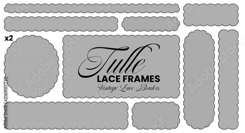 Black tulle lace border frames with scalloped dotted edges, fine hexagonal mesh fill plus circle, rectangle, strip forms isolated on white background as vintage decorative vector invitation set.
