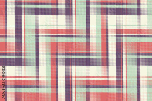 A traditional tartan plaid pattern with a balanced check structure and white and red tones. The seamless textile background recreates a woven fabric look with a natural decorative character.