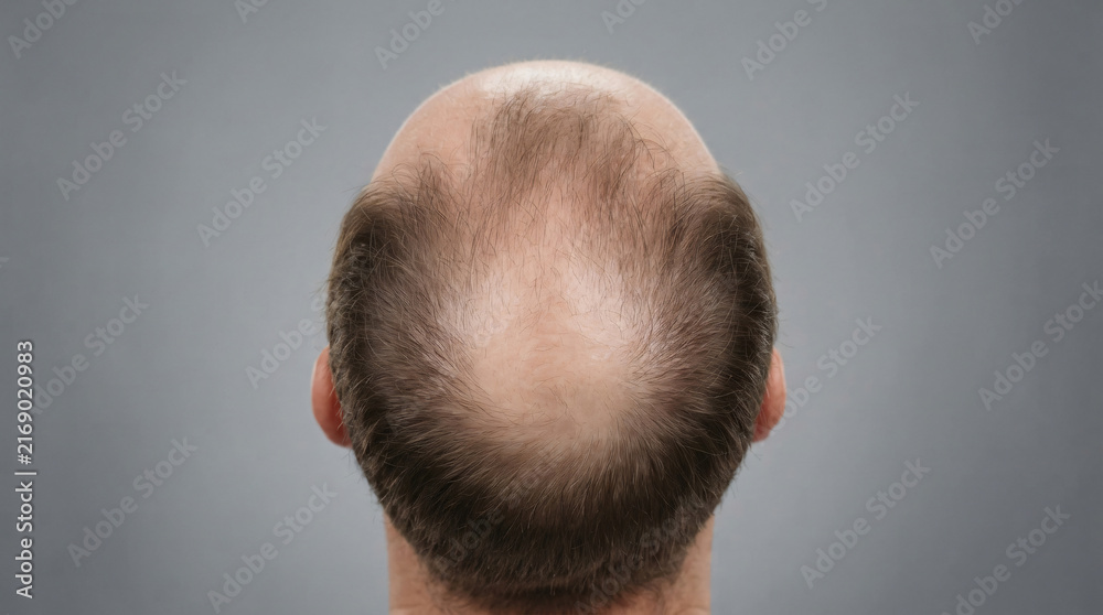 Naklejka premium Commercial stock photo of male pattern baldness and thinning hair. High-angle top-down view of a man head showing a receding hairline and empty vertex crown for alopecia and hair loss treatment concep