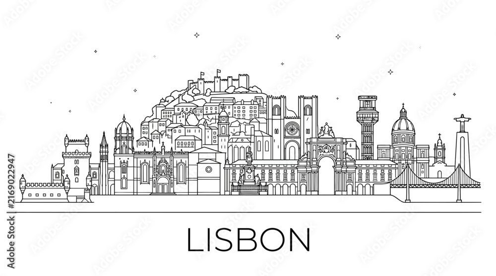 Obraz premium Lisbon city skyline linear drawing featuring Portuguese architecture.