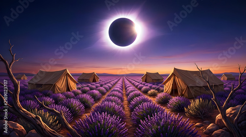 Lavender field and tents during total solar eclipse.