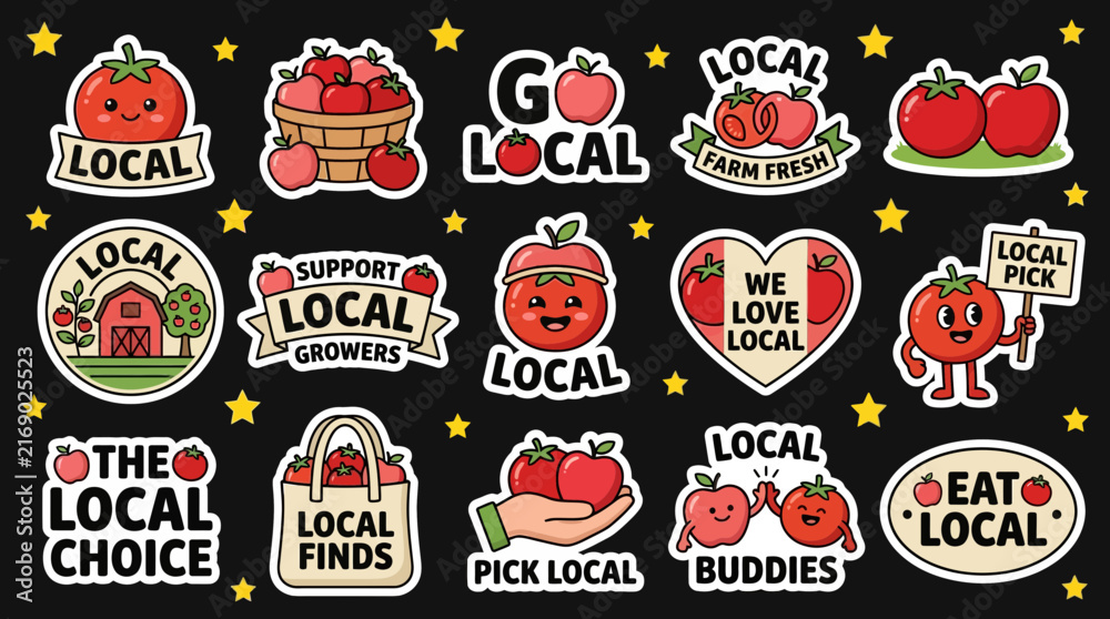 Naklejka premium Cute red fruit and vegetable sticker set for local farm produce