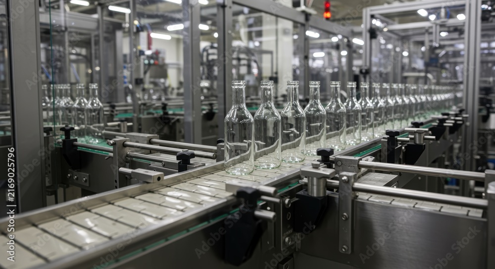Fototapeta premium Glass bottle production line conveyor inside modern automated factory plant