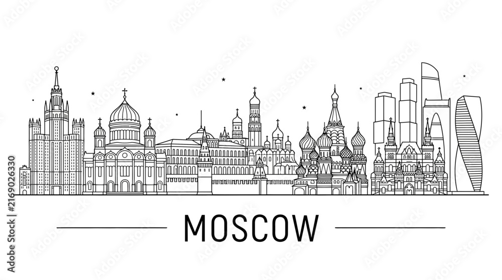 Fototapeta premium Moscow city skyline line art with St. Basil's Cathedral.