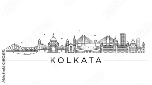 Kolkata city skyline architectural line art.