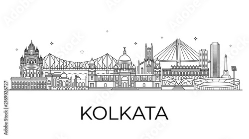 Kolkata India city skyline line art illustration