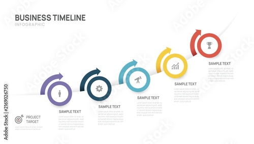Business Infographic Timeline Template with 5 Step process, label and arrow circle design for business and presentation Vector Illustration.