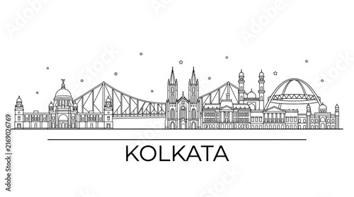 Kolkata India city skyline minimalist black line art.
