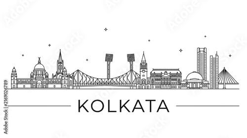 Kolkata India city skyline minimalist line art illustration.