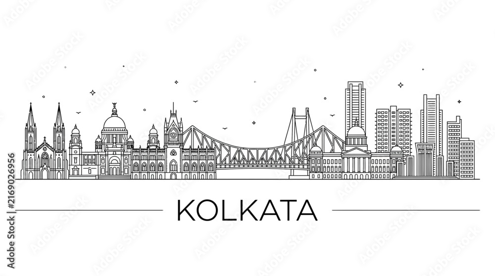 Obraz premium Kolkata India skyline minimalist architectural line drawing.