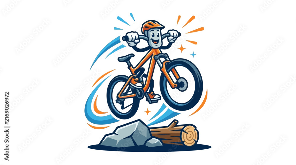 Fototapeta premium Cartoon mountain biker jumping over log with trails.