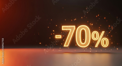 A Glowing Numeric 70 Percent Discount Sign Isolated With Glowing Particles Against A Dark Backdrop.