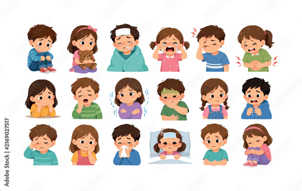 Fototapeta premium Collection of cartoon children expressing various illnesses and discomforts