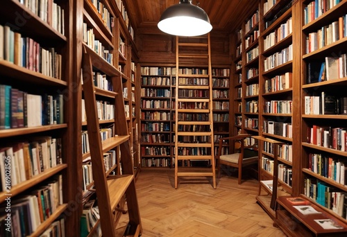 Warm wooden library shelves filled with books, cozy reading room interior design