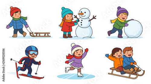 Happy children playing winter sports and activities in this flat vector illustration set for kids