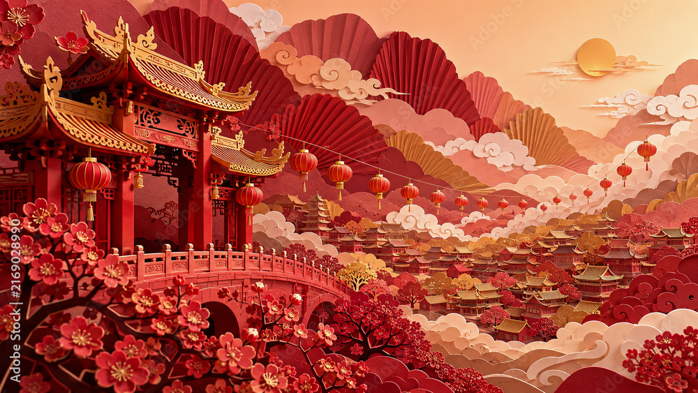 Obraz premium Traditional Chinese Paper Landscape with layered red and gold mountains, architecture and clouds in an intricate decorative composition.