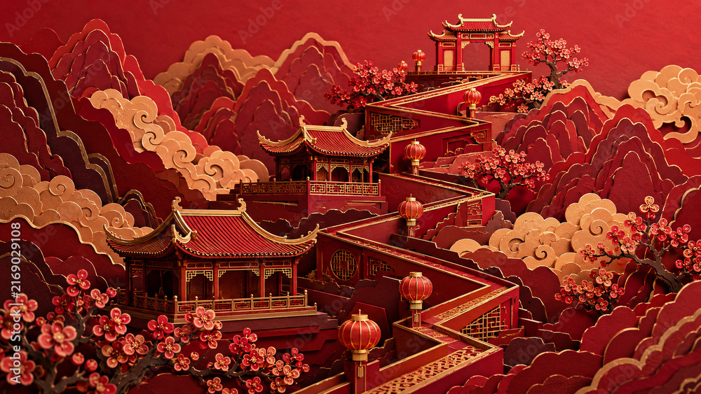 Obraz premium Layered Oriental Design in a rich red and gold palette, combining ornate paper textures, cultural symbolism and decorative visual depth.