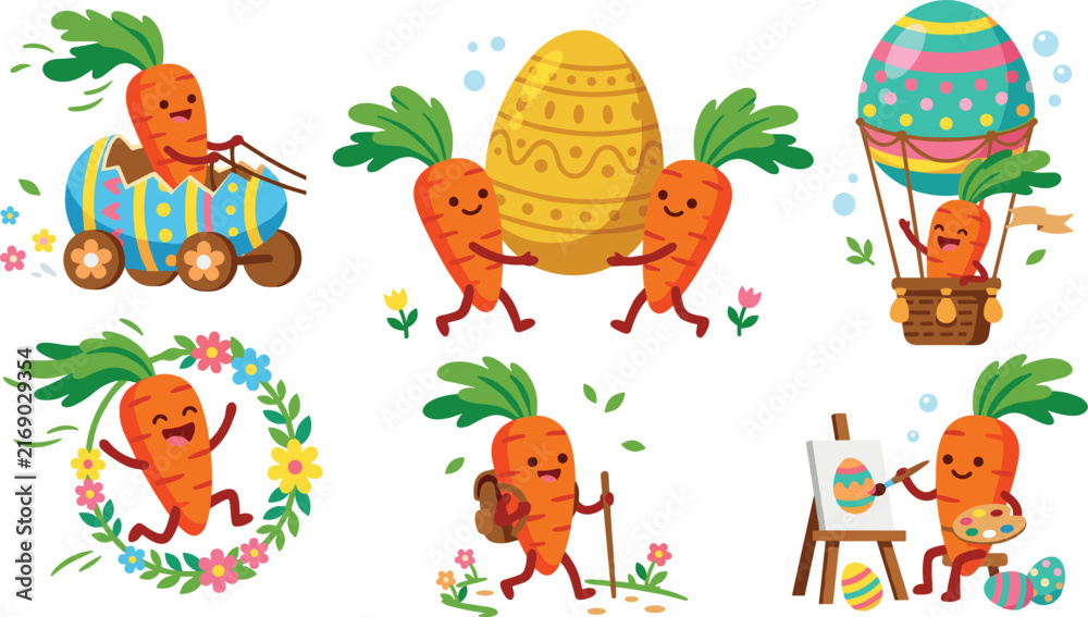 Naklejka premium Cute Easter Carrot Character Vector Icon Set Featuring Happy Kawaii Carrots Painting Eggs Flying Hot Air Balloon and Driving Egg Car for Holiday Designs
