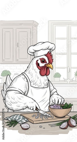 A Creative Illustration of an Anthropomorphic Hen Chef Skillfully Cooking in a Farmhouse Kitchen