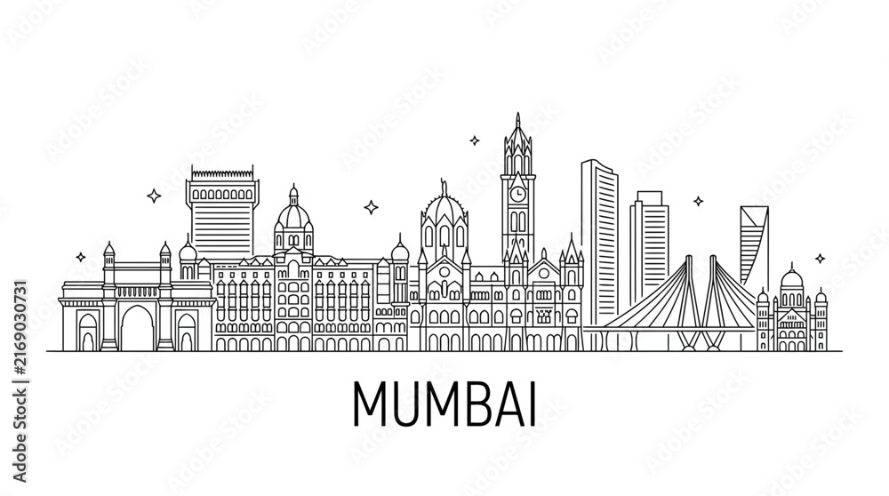 Obraz premium Mumbai city skyline line art illustration with Gateway landmarks.