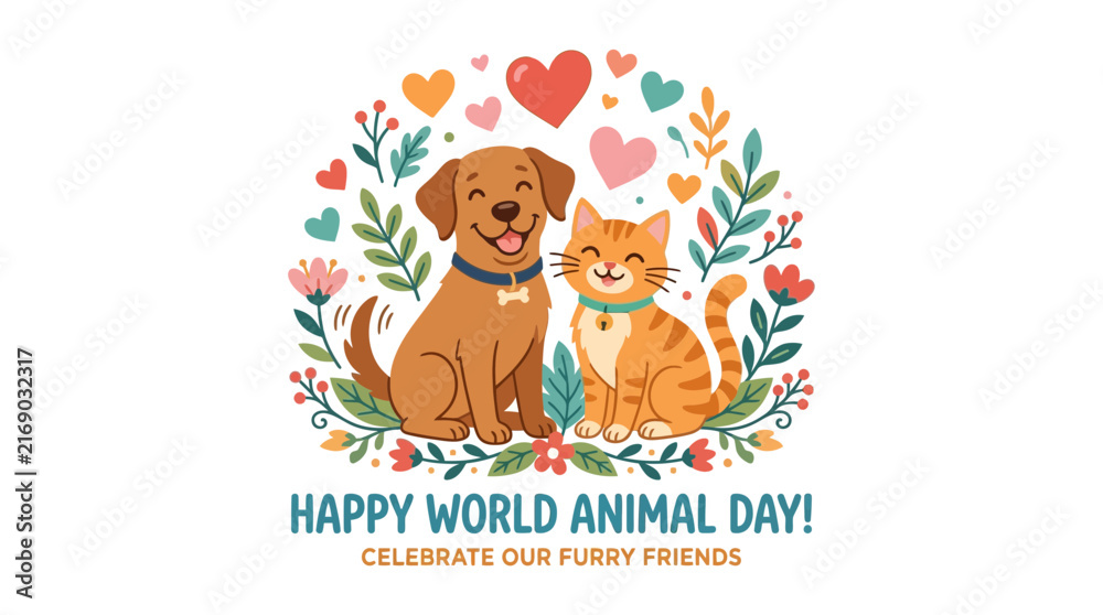 Fototapeta premium Happy World Animal Day Illustration with Cute Dog and Cat