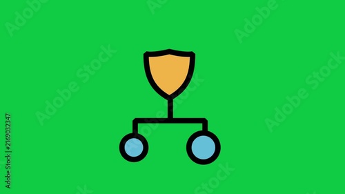 Protected Network Motion Icon. Animated network node icon with security shield representing encrypted network topology, secure data distribution, and cybersecurity protection.