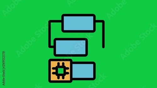 Flowchart Microchip Motion Icon. Animated workflow flowchart icon connected to microchip processor symbol for algorithm processing, data structure, and programming logic.