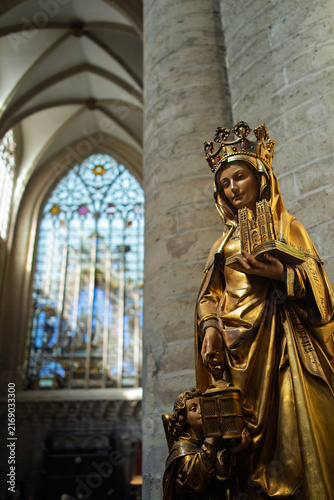 Gilded Statue of Saint Gudula with Model of Church Inside Cathedral in Brussels, Belgium