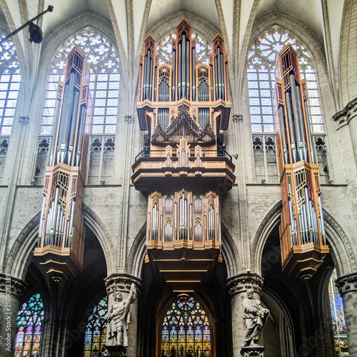 Grand Pipe Organ Inside St. Michael and St. Gudula Cathedral in Brussels, Belgium