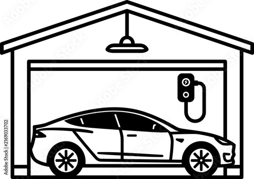 Electric vehicle inside garage with charger wallbox. Vector illustration.