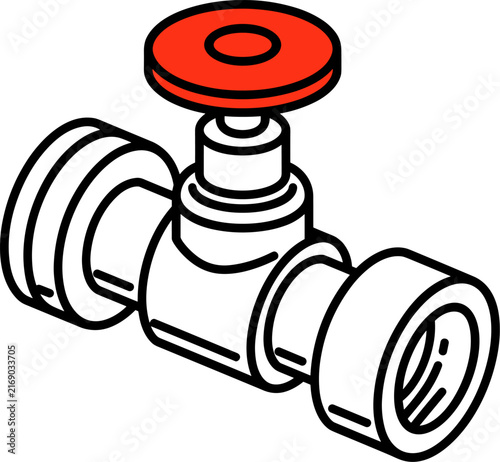 Industrial pipe valve with red wheel. Vector illustration.