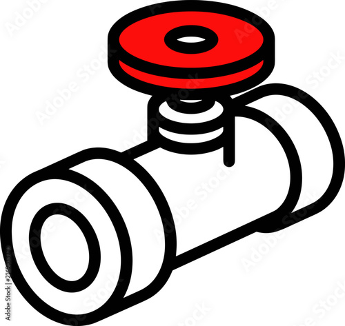 Isometric pipe valve with red wheel in line art style. Vector illustration.