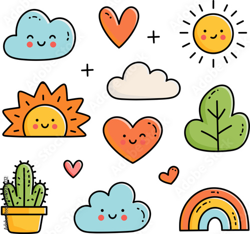 Cute hand drawn doodle nature elements with smiley faces. Vector illustration.