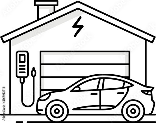 Electric car charging at home garage station. Vector illustration.