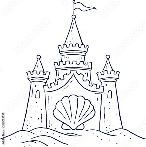 Hand drawn sandcastle with seashell in doodle style. Vector illustration.