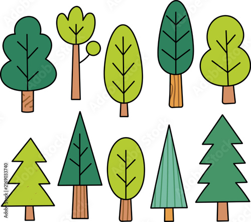 Set of various green trees in flat style. Vector illustration.