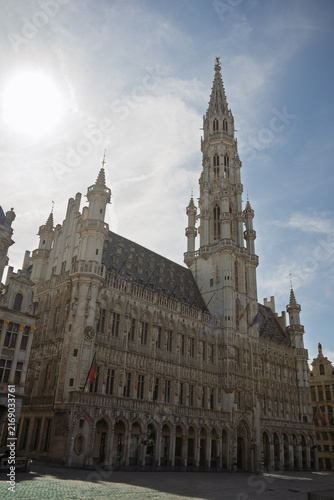 Gothic Architecture and Tower of the Town Hall in Grand Place of Brussels, Belgium