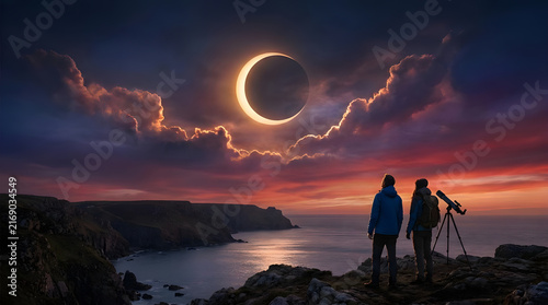 Couple viewing solar eclipse on coastal cliff edge.