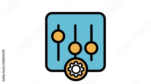 System Settings Motion Icon. Animated equalizer control panel icon with spinning gear cog representing system configuration, audio tuning, and digital adjustments.