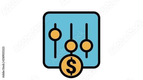 Financial Controls Motion Icon. Animated control panel icon with slider controls and dollar coin symbol for financial settings, budgeting, and strategy management.