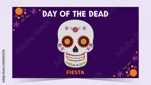 Dia de los Muertos Mexican poster flyer featuring colorful calavera skull cempasuchil flower, Catrina, festive ornament and traditional cultural symbol vector illustration.