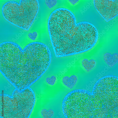 Glowing glitter light blue hearts pattern neon gradient green background heart texture wallpaper