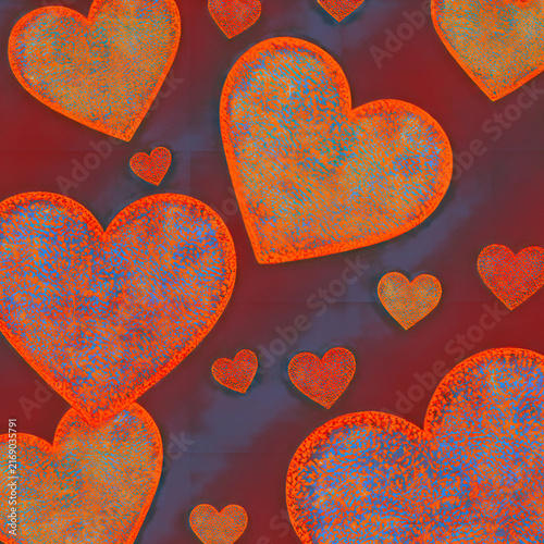 Vibrant glowing orange hearts pattern on deep burgundy red background