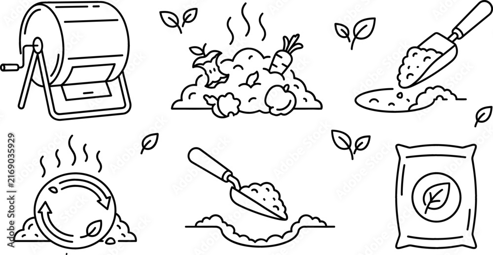 Fototapeta premium Organic Composting and Eco Friendly Gardening Line Icon Set featuring Food Waste Recycling, Compost Bin, Soil Fertilizer, and Trowel Tools Vector Illustrations