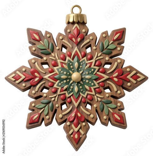 Festive carved wood snowflake ornament, transparent, isolated