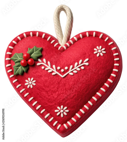 Red heart Christmas ornament with holly berries, transparent isolated