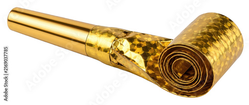 Shiny gold party blower noisemaker for celebration, transparent isolated